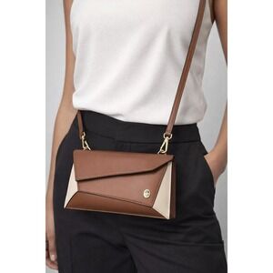 Isadora Italy Brown Cream Leather Colorblock Accordion Crossbody Bag Clutch
